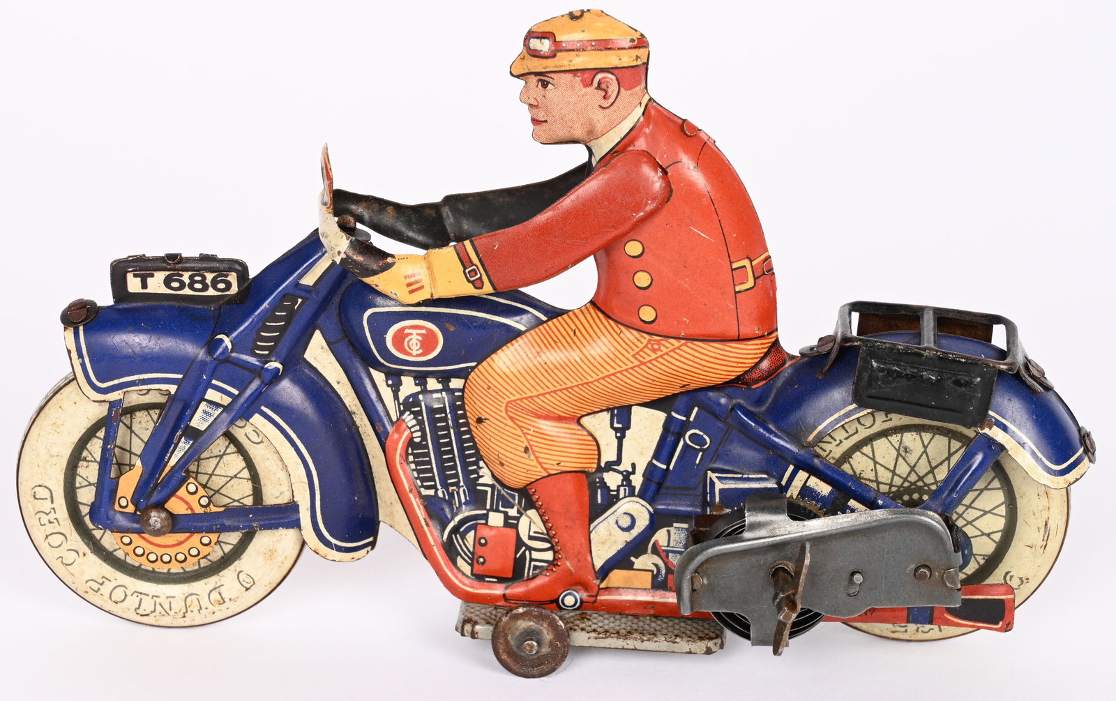 TIPP TIN WINDUP CIVILIAN MOTORCYCLE: Tipp tin windup Civilian Motorcycle. All original with great colors and details. Windup works. Has #T686 on rear fender. 7 1/2" Excellent