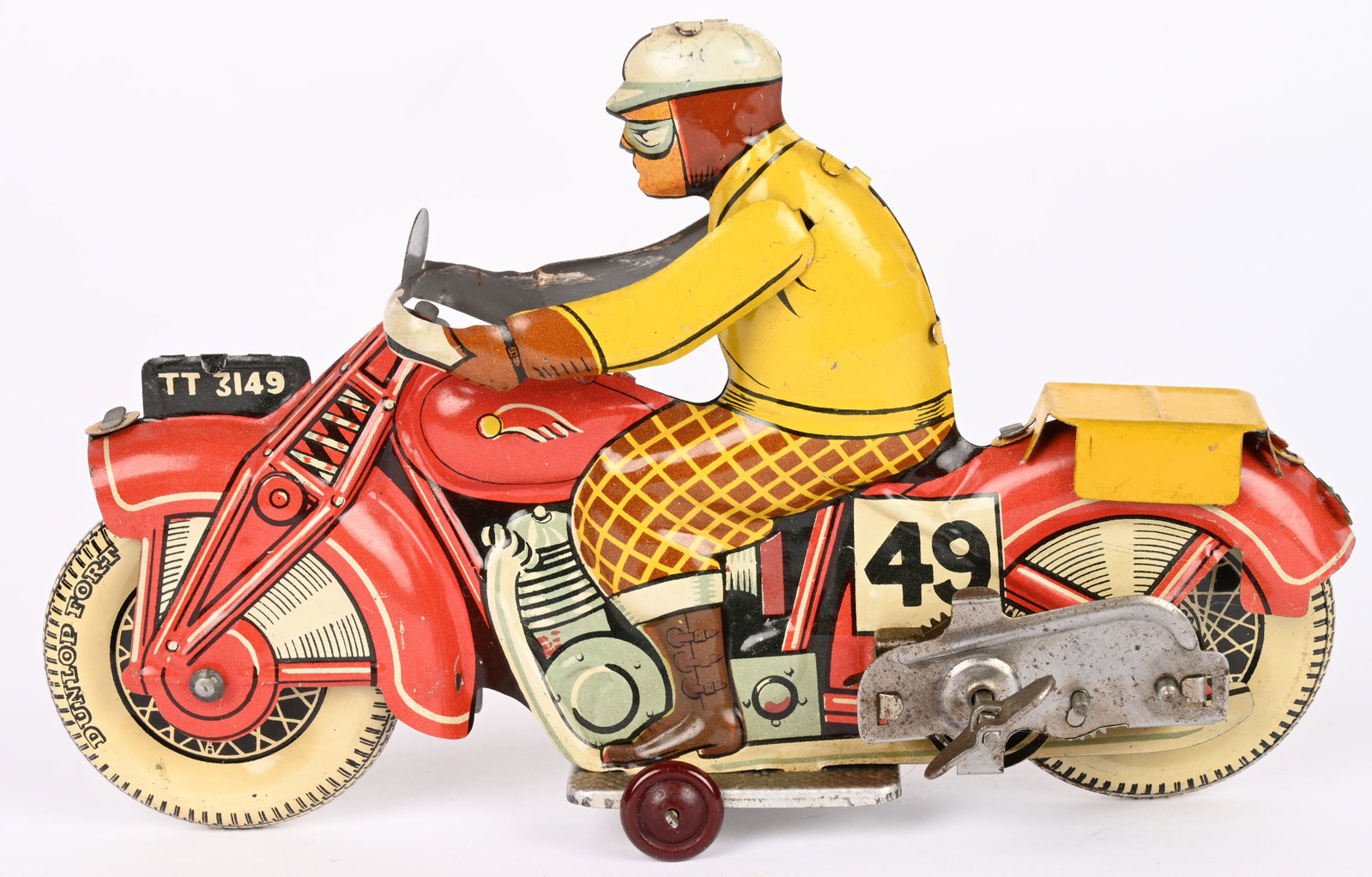 METTOY TIN WINDUP #49 RACING MOTORCYCLE: Mettoy tin windup #49 Racing Motorcycle. All original with nice details. Has TT 3149 on front fender plate. Windup works. 7 1/2" Excellent