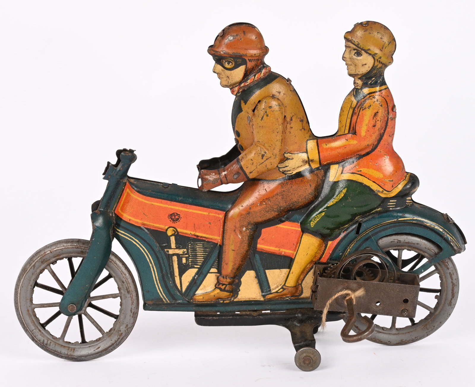 DISTLER TIN WINDUP MOTORCYCLE w/ DRIVER & LADY: Distler tin windup Motorcycle with Driver and Lady Passenger. All original as found condition. Missing handlebars and not working. Still in nice condition. 6 1/2" Very Good