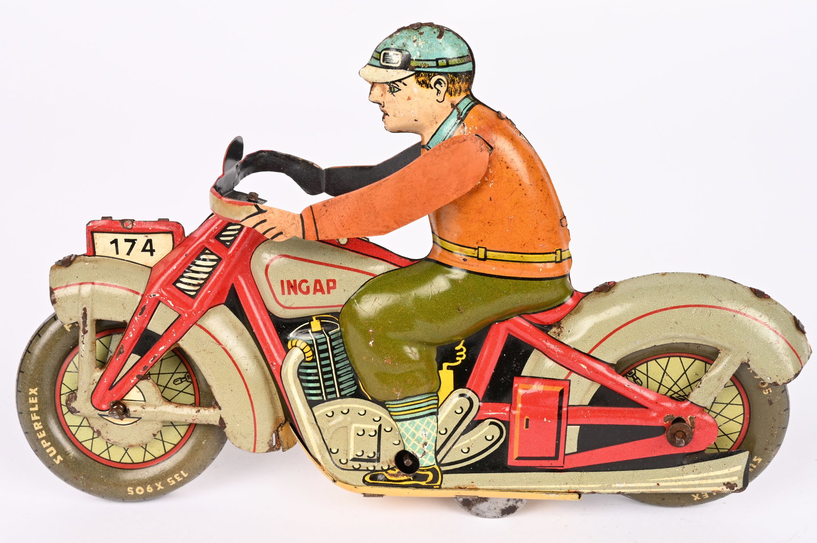 INGAP TIN WINDUP CIVILIAN MOTORCYCLE: Ingap tin windup Civilian Motorcycle. Nice looking bike with replaced arms. Windup working. 7 1/2" Excellent