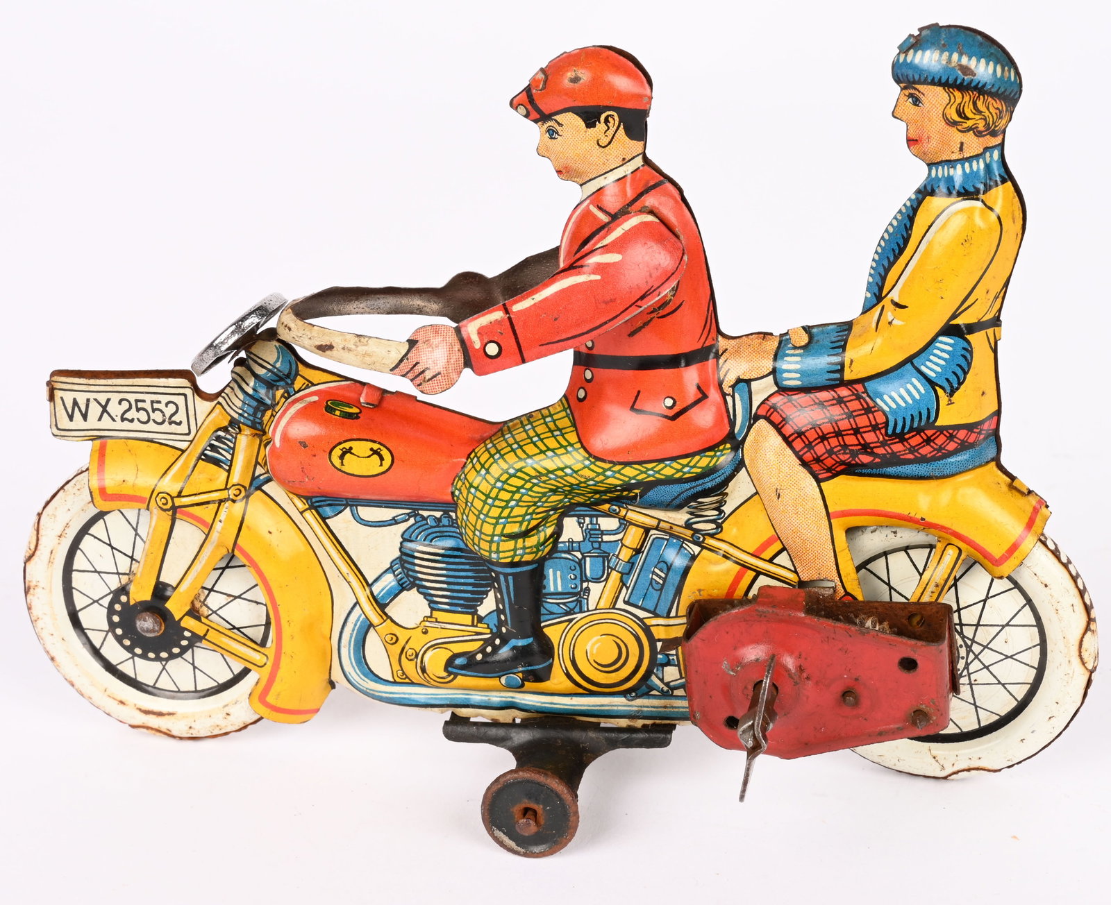 GELY TIN WINDUP MOTORCCYLE w/ DRIVER & LADY: Gely tin windup Motorcycle with Driver and Lady Passenger. All original with very nice colors. Windup works. Scarce motorcycle toy. 6" Excellent