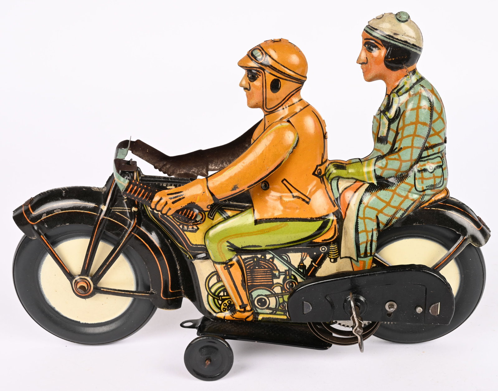 RSA TIN WINDUP MOTORCYCLE w/ DRIVER & LADY: RSA Spain tin windup Motorcycle with Driver and Lady Passenger. Oversized bike. All original in wonderful condition. Has very nice colors. Windup works. A very rare motorcycle toy. 9 1/2" Excellent