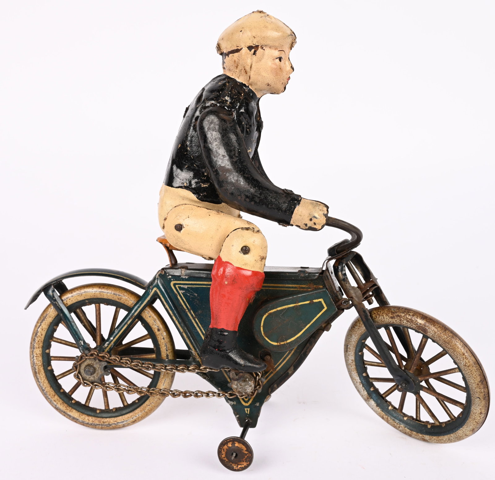 GUNTHERMANN TIN WINDUP MAN ON EARLY MOTORCYCLE: Early Gunthermann tin windup Man on Motorcycle. Very clean all original and complete example. Very nice colors. Windup works and chain driven. A nice early Motorcycle toy. 8" Excellent