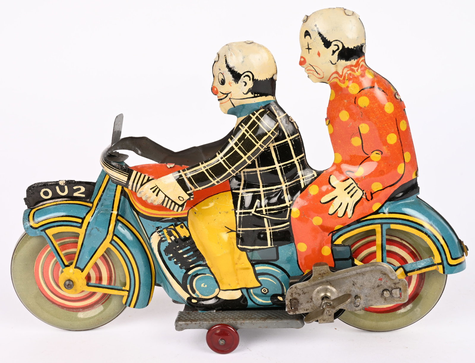 METTOY TIN WINDUP MOTORCYCLE w/ 2 CLOWNS: Mettoy tin windup Motorcycle with 2 Clown Riders. Made in England. All original with wonderful colors. Windup works. Hard to find a better example. 8 1/2" Excellent