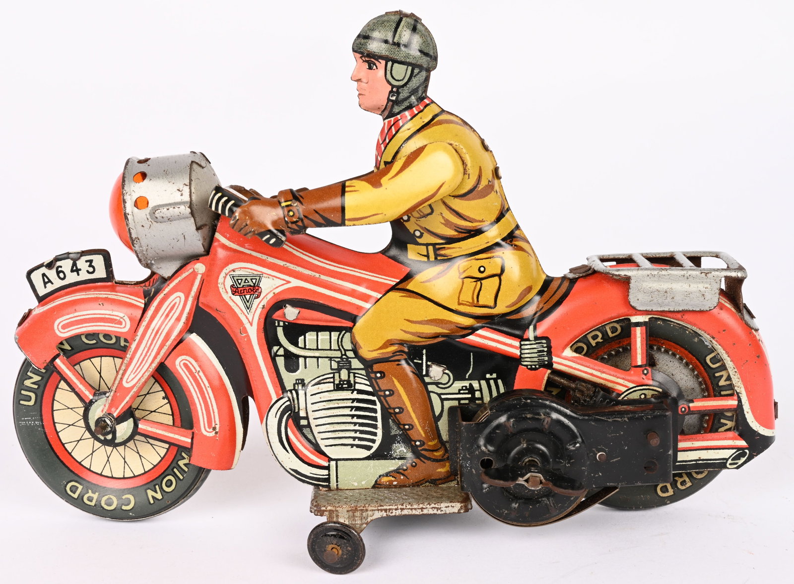 ARNOLD TIN WINDUP CIVILIAN MOTORCYCLE w/ BOX: Arnold tin windup Civilian Motorcycle. All original and complete. Great condition. Windup works. Comes with nice Box with some repairs. 8" Excellent