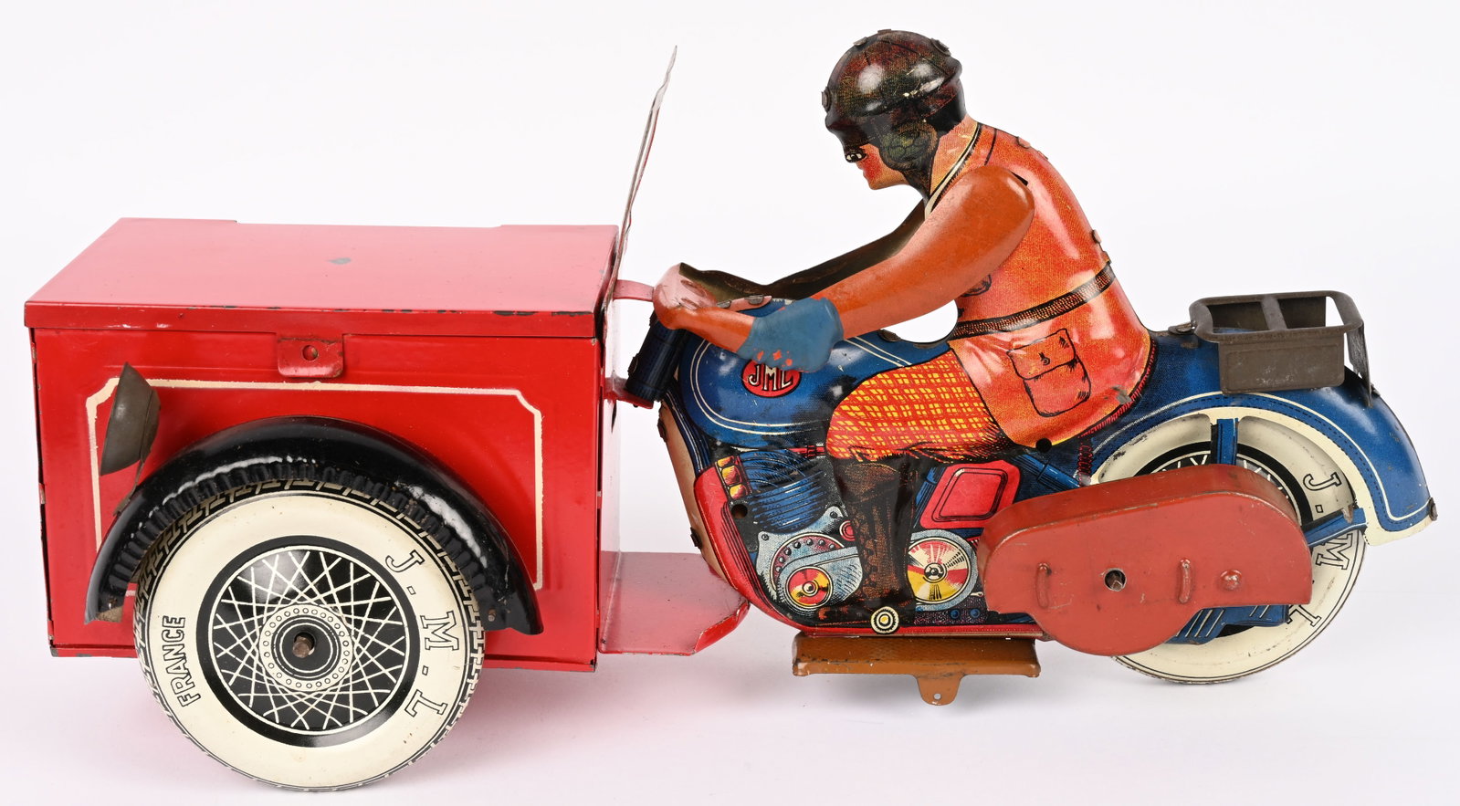 JML TIN WINDUP MOTORCYCLE w/ DELIVERY CART: French tin windup Motorcycle with Delivery Cart. Has opening delivery cart front end. Large oversize toy. All original and complete. Has very nice colors and details. Windup works. 14" Excellent