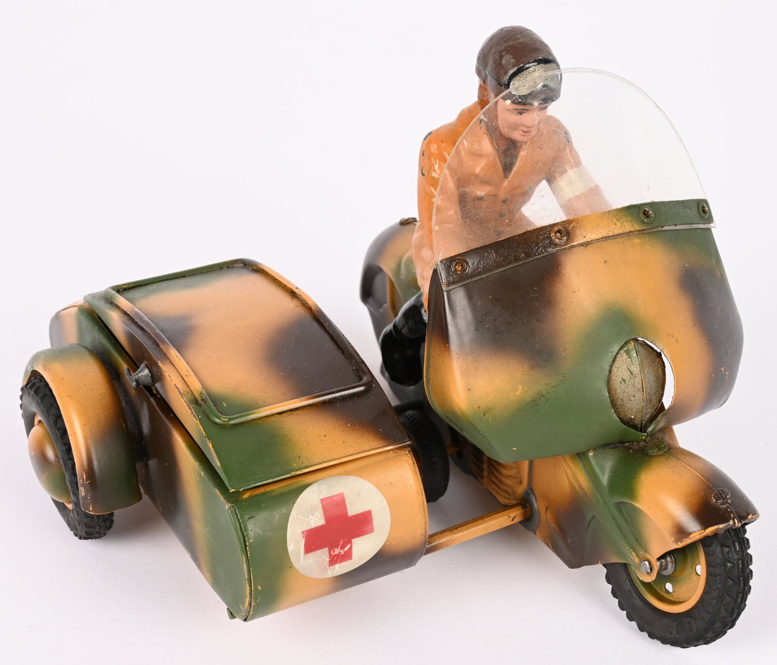 SFA TIN FRICTION MILITARY MOTORCYCLE w/ SIDECAR: French tin friction Military Motorcycle with Side Car. Has composition figure. All original in great condition. Friction works. 7" Excellent