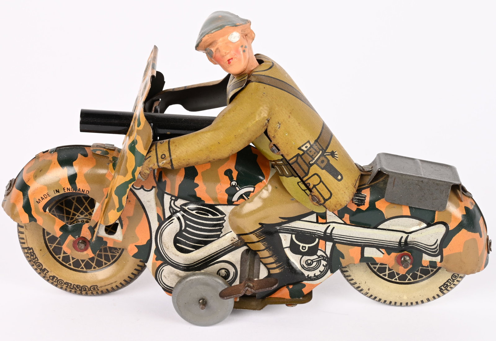 METTOY TIN WINDUP SOLDIER ON MOTORCYCLE: English tin windup Soldier on Motorcycle. All original in very nice condition. Windup works. hard to find bike. 7" Excellent