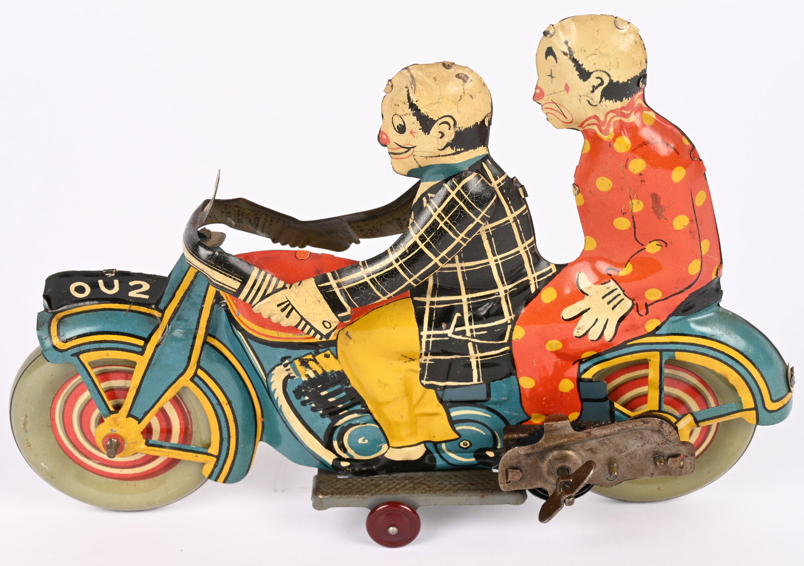 METTOY TIN WINDUP MOTORCYCLE w/ 2 CLOWNS: Mettoy tin windup Motorcycle with 2 Clown Riders. All original with very nice colors. Windup works. 8 1/2" Excellent