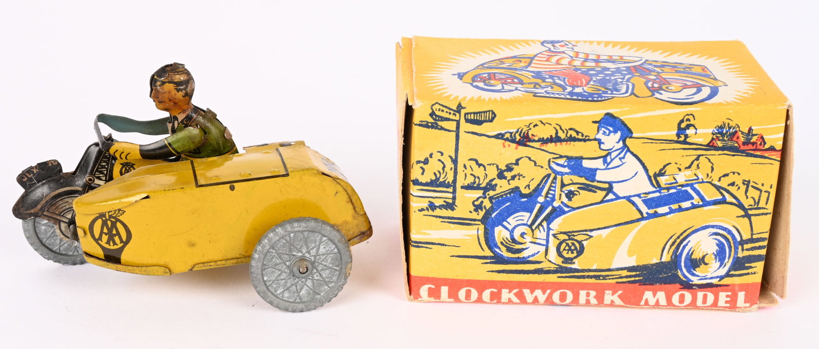 METTOY TIN WINDUP AA MOTORCYCLE w/ BOX: England tin windup AA Motorcycle. All original looks never played with. No key present to test.. Boxed 3 1/2" Excellent