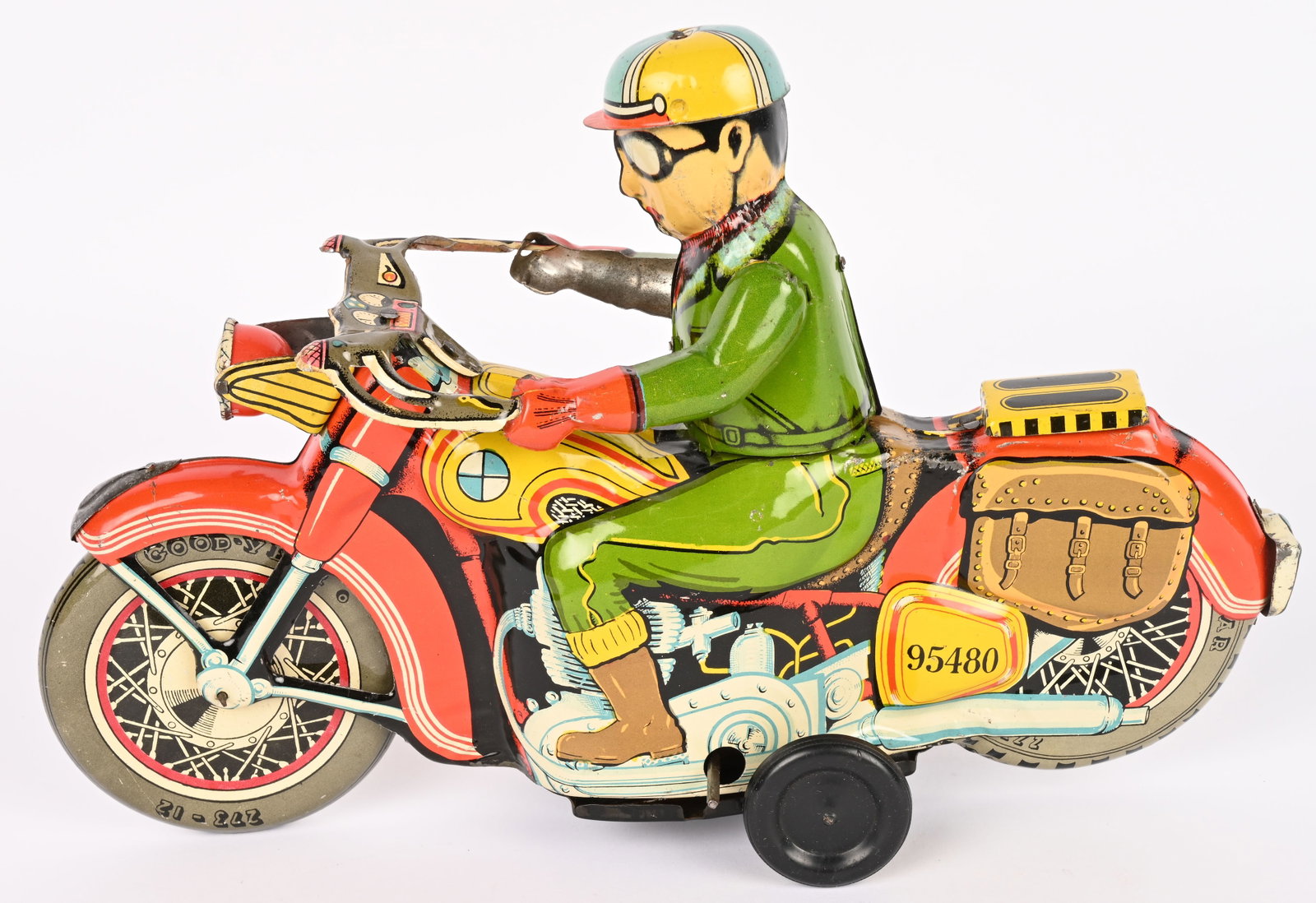 ANANIAN ANANIANIS TIN WINDUP MOTORCYCLE: Scarce AA tin windup Motorcycle made in Greece. Impressive oversize motorcycle. All original in great condition. Has very nice colors. Windup works. A great addition to any collection. 12" Excellent