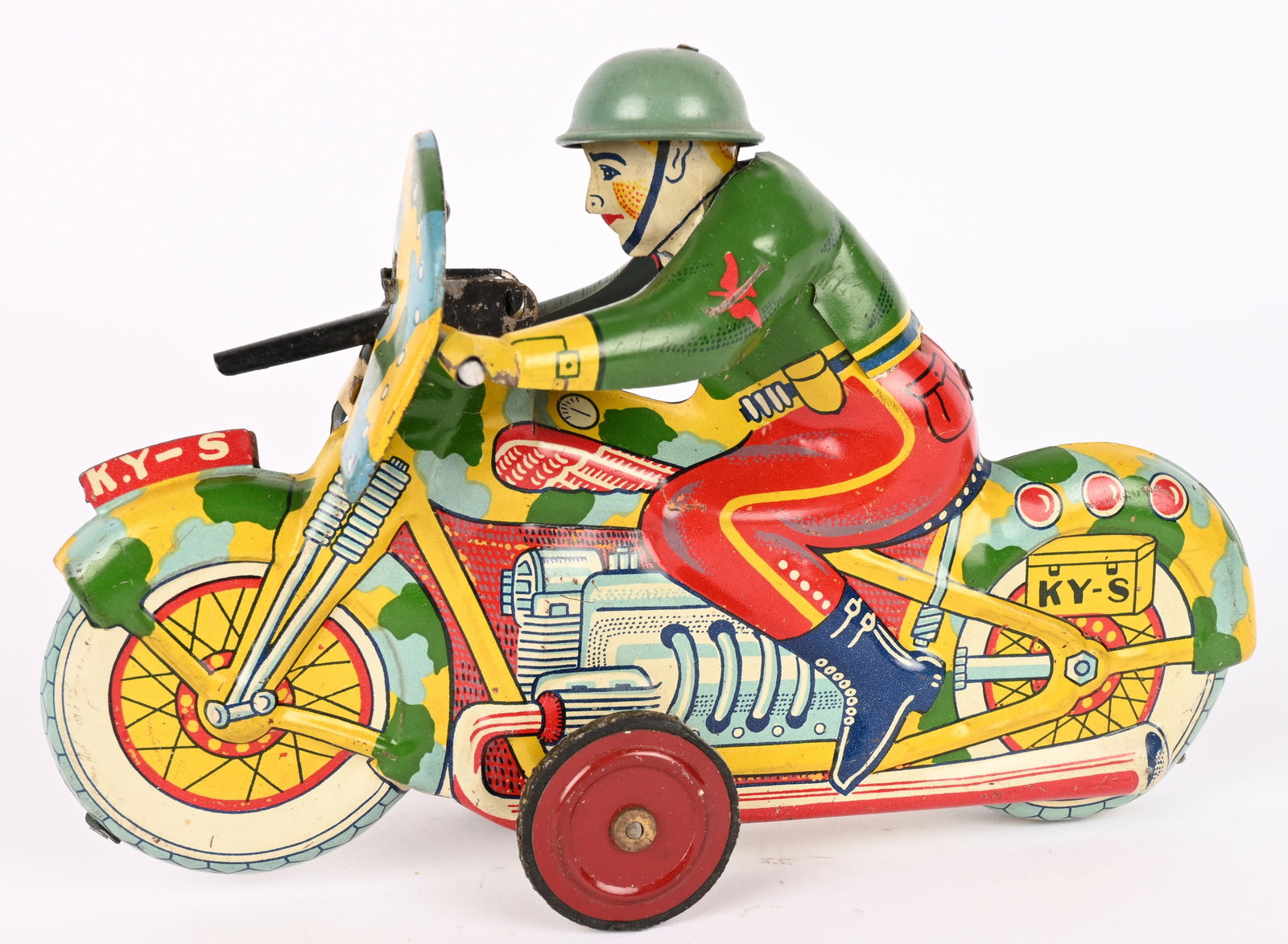 JAPAN TIN WINDUP KY-S ARMORED MOTORCYCLE: Japan tin windup KY-S Armored Motorcycle. All original with great design. Friction works. 7" Excellent