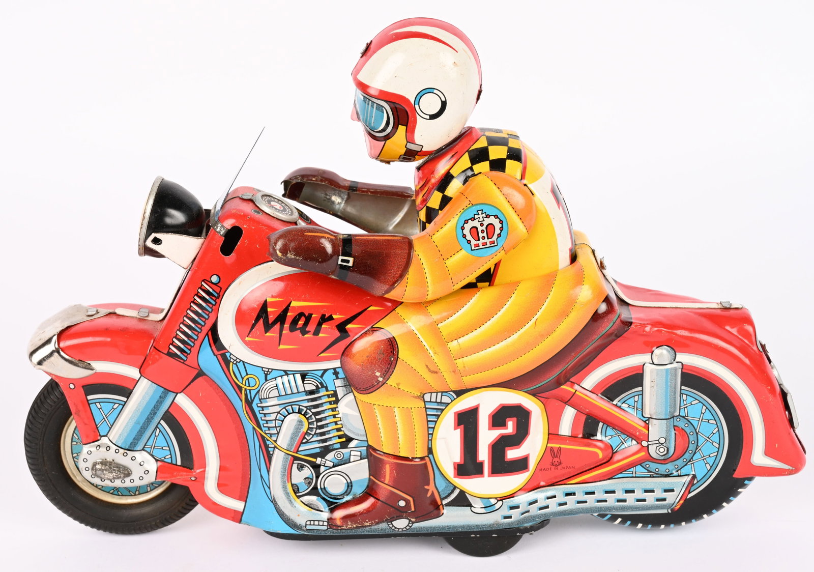 JAPAN TIN FRICTION MARS #12 MOTORCYCLE: Japan tin friction Mars #12 Motorcycle. All original with nice colors. Hard to find motorcycle. Friction works. The toy is missing the handlebars. 11" Excellent