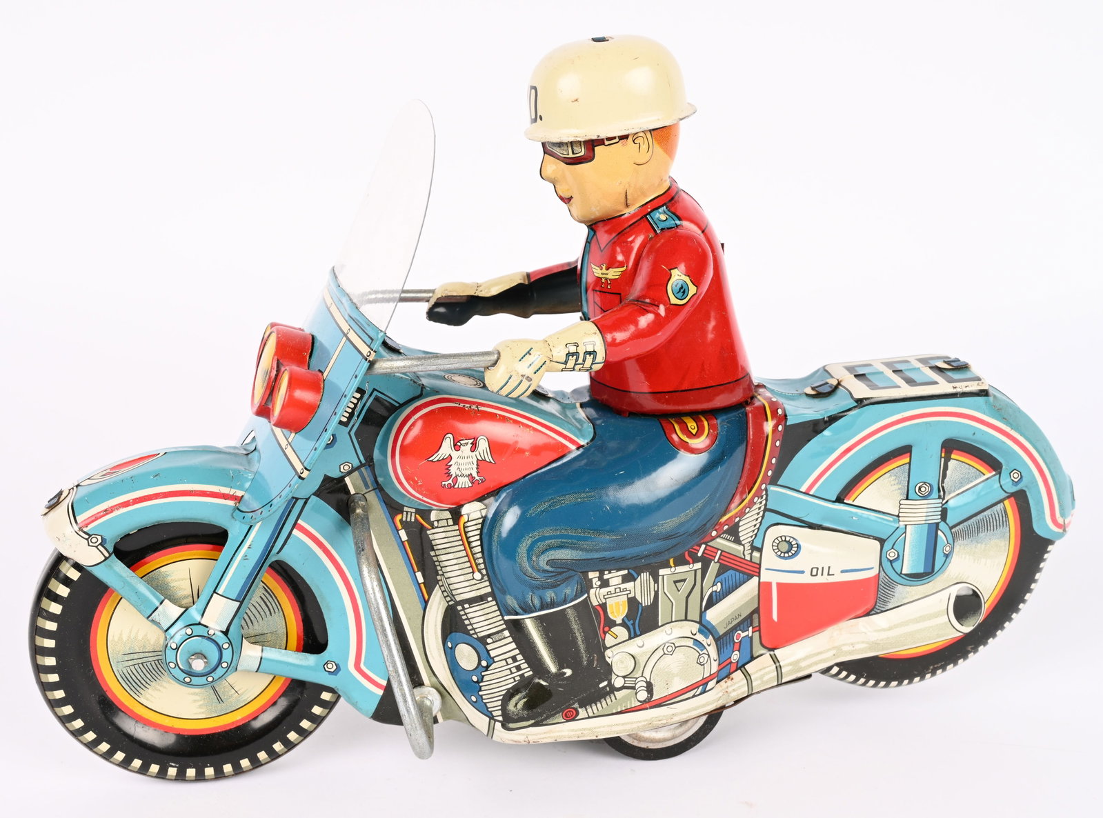 12" JAPAN TIN FRICTION PD MOTORCYCLE: Oversized Japan tin friction PD Motorcycle. Large impressive toy. Has very nice colors. Friction works. 12" Excellent