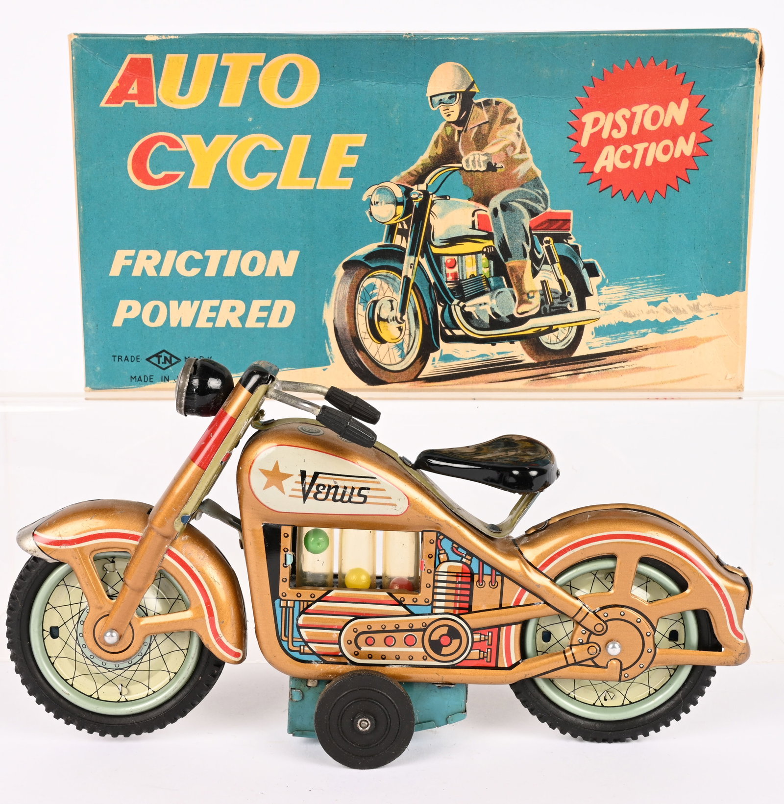 JAPAN TIN FRICTION AUTO CYCLE VENUS w/ BOX: Japan tin friction Venus Motorcycle. Gold version. All original and looks never played with. Friction works. Boxed 8" Excellent