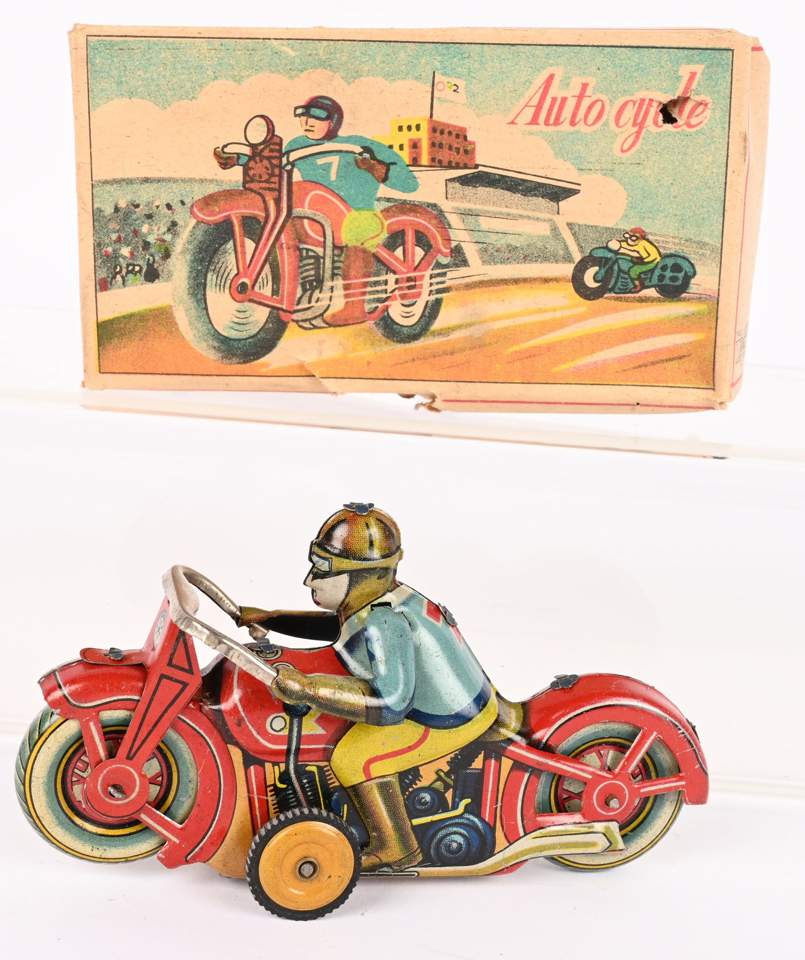 OOCUPIED JAPAN TIN FRICTION AUTO CYCLE MOTORCYCLE: Made in Occupied Japan. All original and in great condition. Friction works. Boxed 5" Excellent