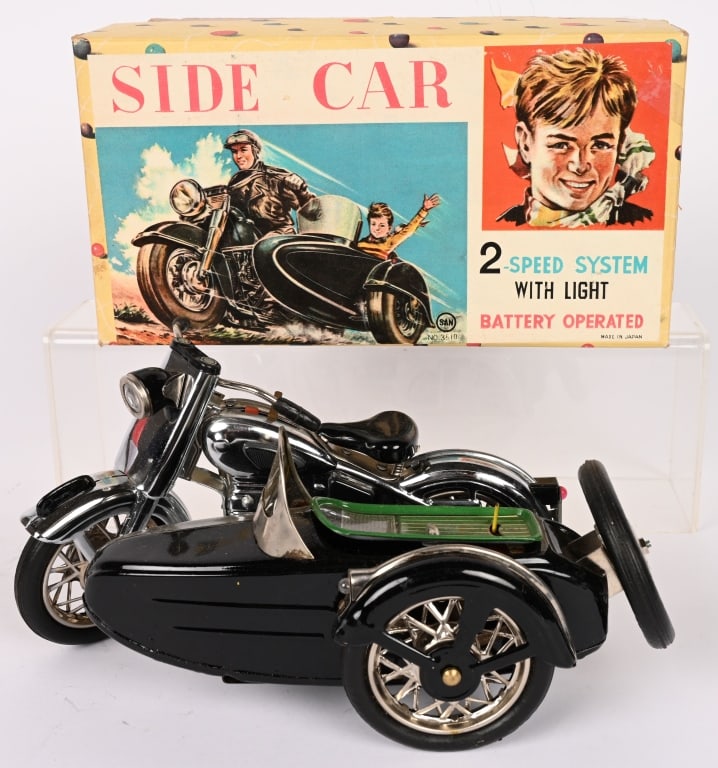 MARUSAN BATTERY OP SUNBEAM MOTORCYCLE w/ BOX: Japan battery operated Sunbeam Motorcycle. All original and complete. Toy has great details. Worked when tested. Comes with Box. 9 1/2" Excellent