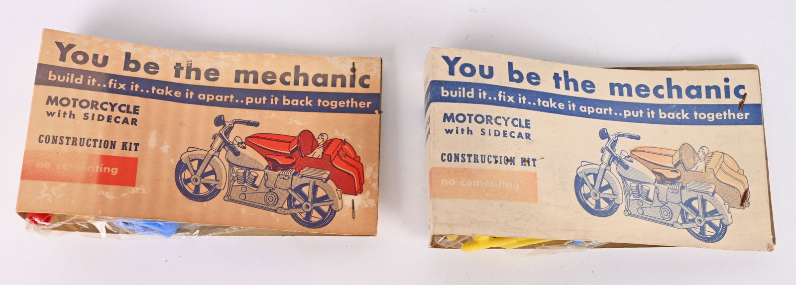 2- RENWALL FIX-IT MOTORCYCLES & SIDECAR MIP: Pair of Renwall Fix-It Motorcycles with Sidecars. Both never played with in packages. One plastic bag has split open. 8' Excellent