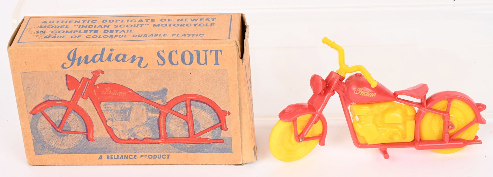 RELIANCE INDIAN SCOUT MOTORCYCLE w/ BOX: Reliance Indian Scout Motorcycles. Never played with condition. Has Indian on the tank. Boxed 5" Excellent