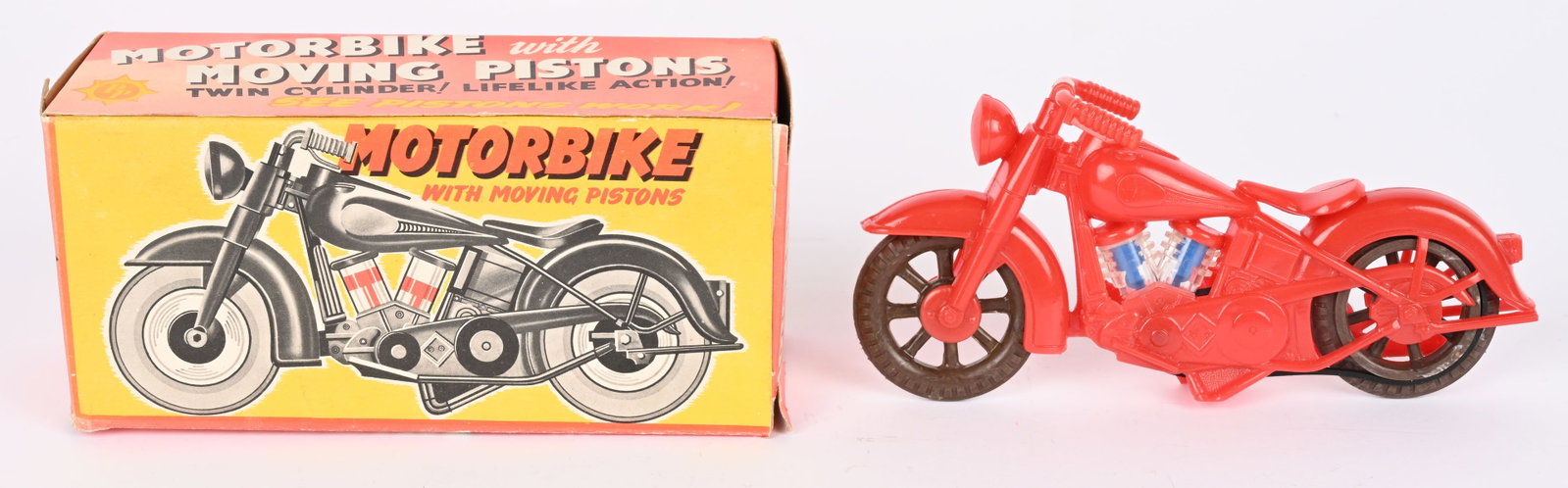 PP PLASTIC MOTORBIKE WITH MOVING PISTONS w/ BOX: Made in England Motorbike with Moving Pistons. Never played with condition. Boxed 7" Excellent