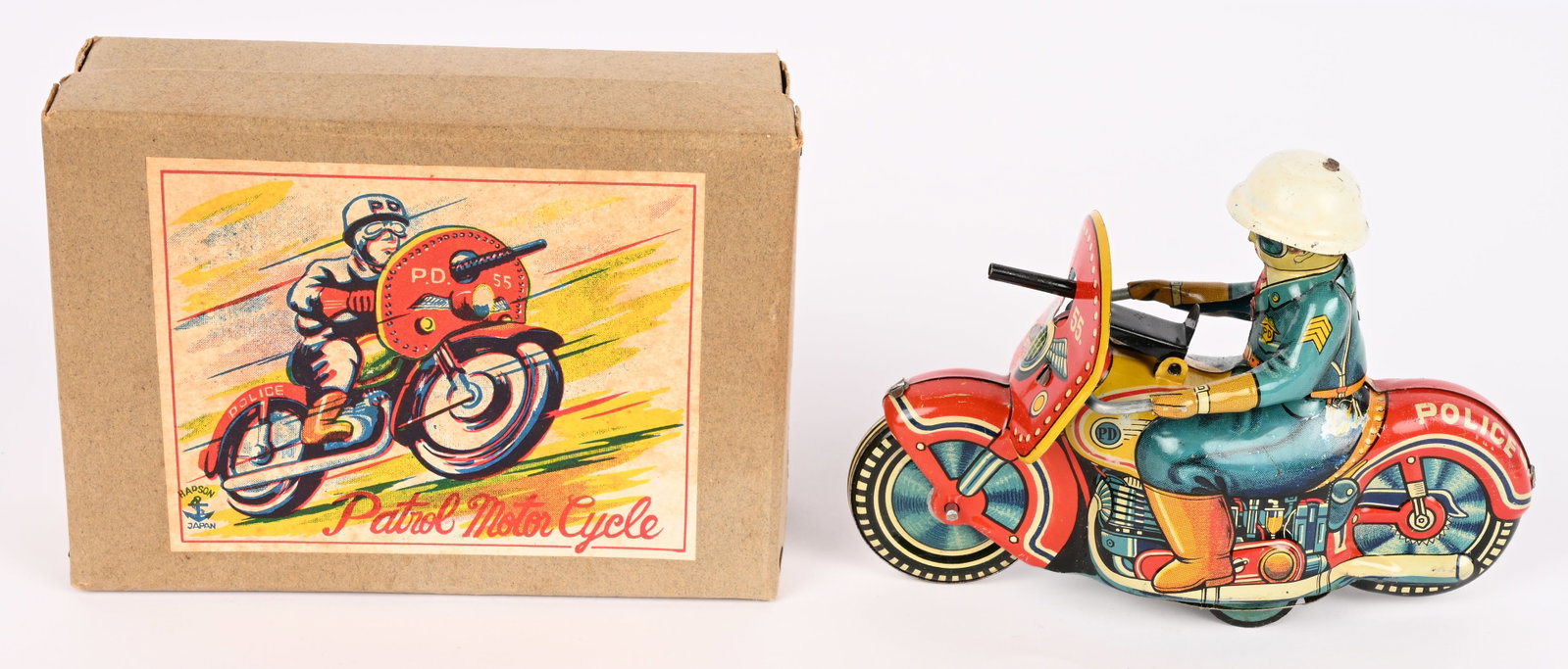 JAPAN TIN FRICTION PATROL MOTORCYCLE w/BOX: Japan tin friction Police Patrol Motorcycle. All original with great colors. Looks never played with. Friction works. Scarce bike. Boxed 5 1/2" Excellent