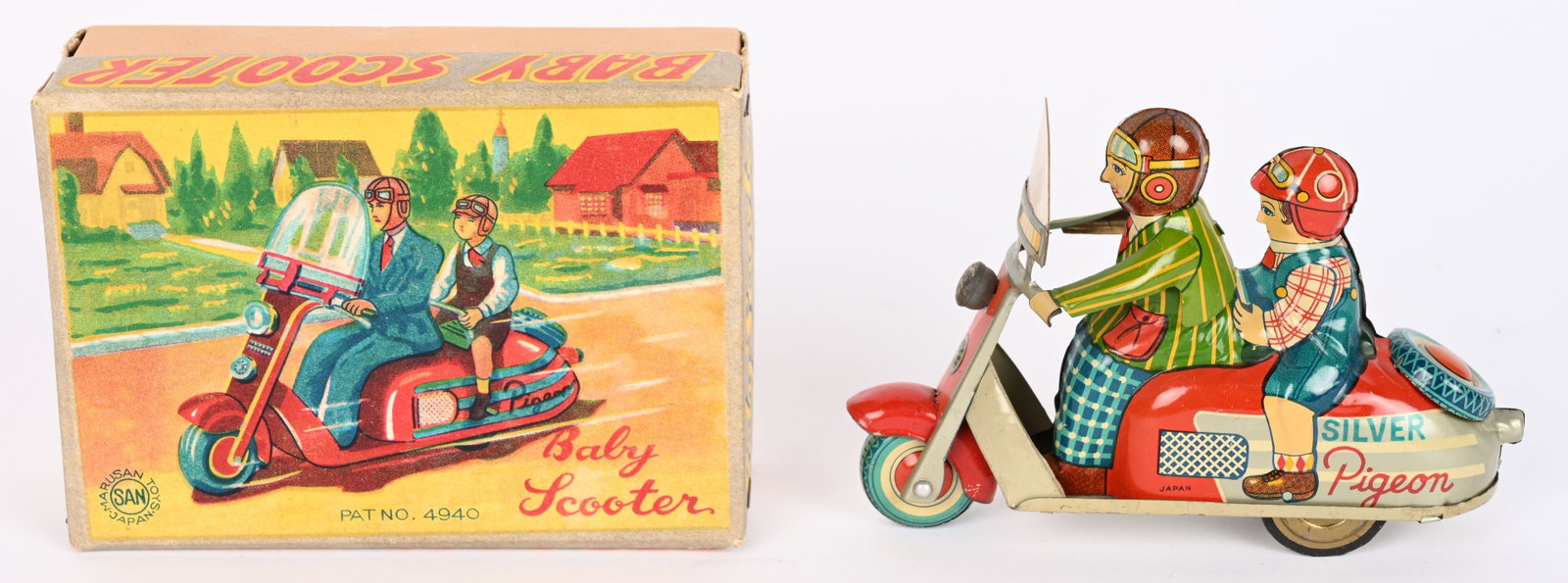 JAPAN TIN FRICTION SILVER PIGEON SCOOTER w/ BOX: Outstanding Silver Pigeon Scooter made in Japan. All original and in wonderful condition. Toy has 2 passengers. Scooter has amazing colors and wonderful details. Still has plastic windshield.
