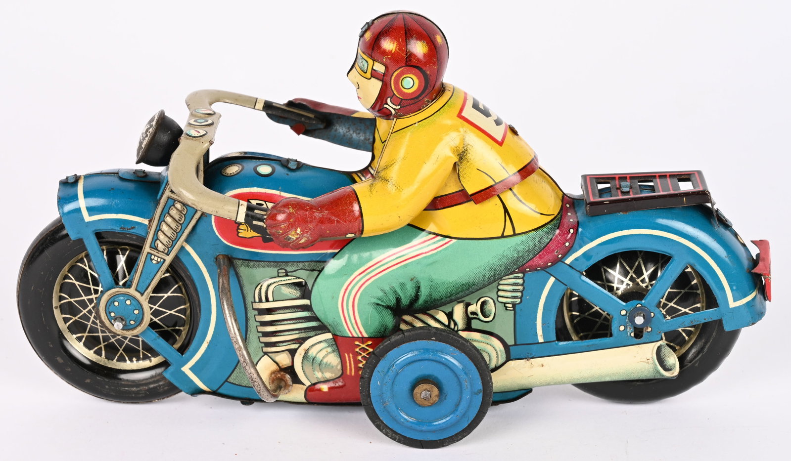 I.Y. JAPAN TIN FRICTION INDIAN MOTORCYCLE: Scarce I.Y. Japan tin friction Indian Motorcycle. Blue color version. All original with great colors and details. Has Indian on Gas tank. Friction works. Great looking toy Motorcycle. 8 1/2" Excellent