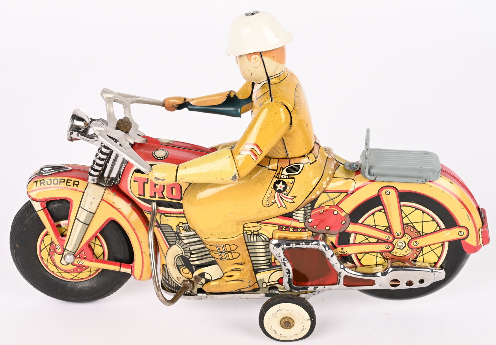 JAPAN TIN FRICTION TROOPER MOTORCYCLE: Japan tin friction Trooper Motorcycle. All original and complete. Very nice condition. Large motorcycle. Friction works. 10" Excellent