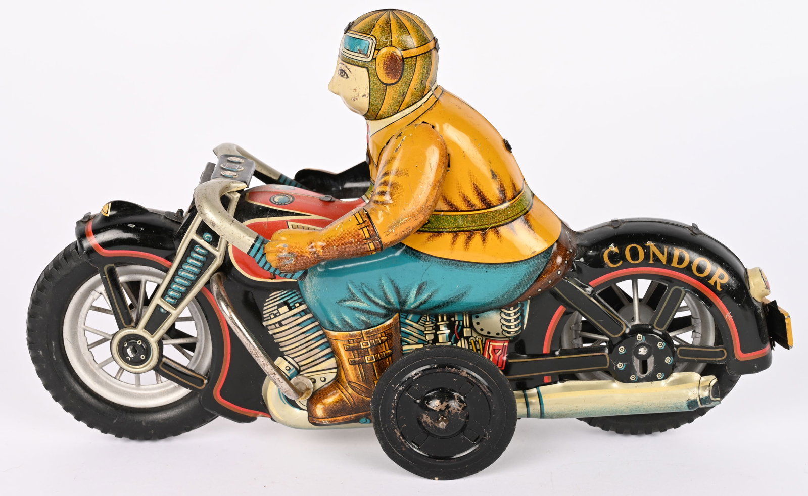 I.Y. JAPAN TIN FRICTION CONDOR MOTORCYCLE: Japan tin friction Condor Motorcycle. All original and complete. Super clean with nice bright colors. Large and impressive Motorcycle. Friction works. 12" Excellent