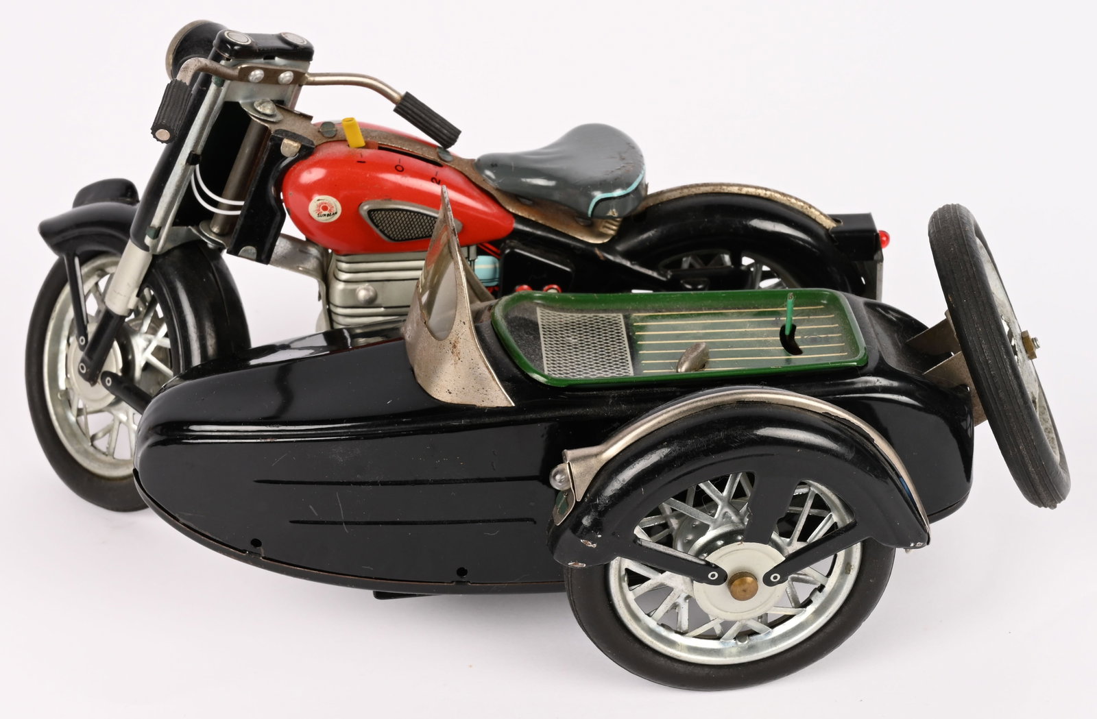 MARUSAN BATTERY OP SUNBEAM MOTORCYCLE: Japan battery operated Sunbeam Motorcycle. All original and complete. Toy has great details. Worked when tested. 9 1/2" Excellent