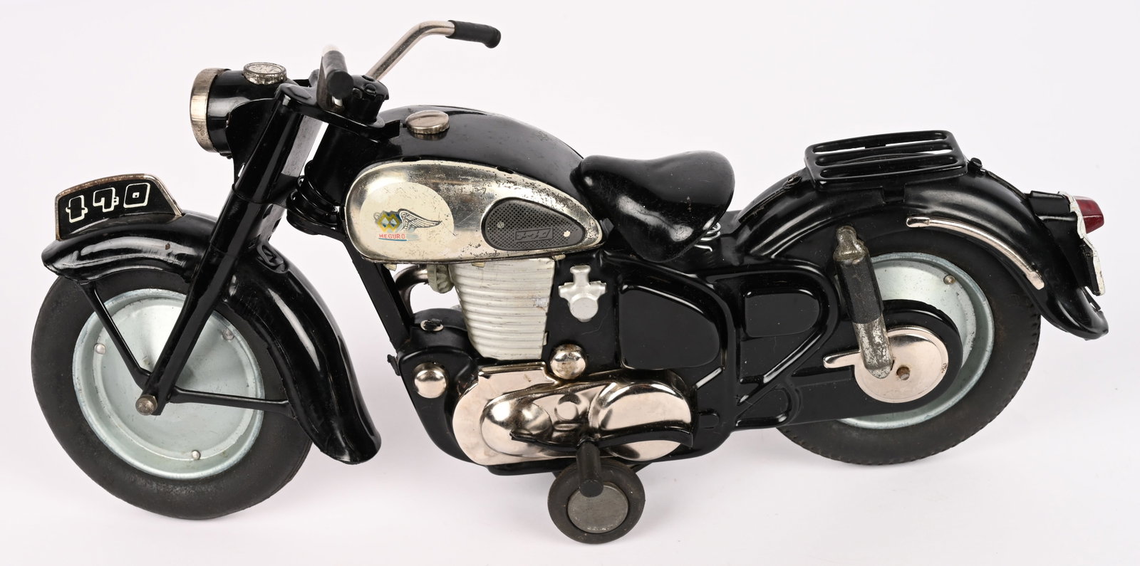 JAPAN TIN FRICTION MEGURO MOTORCYCLE: Japan tin friction Meguro 500cc Motorcycle. All original and complete. Has very nice details. 11" Excellent