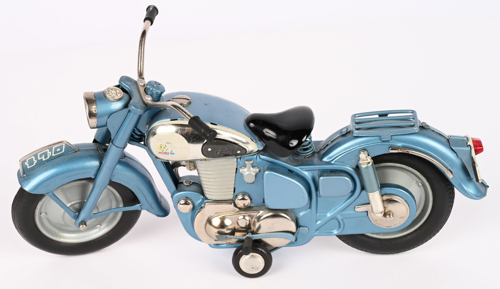 JAPAN TIN FRICTION MEGURO MOTORCYCLE: Japan tin friction Meguro 500cc Motorcycle. All original and complete. Has very nice details. 11" Excellent