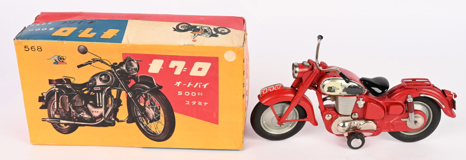 JAPAN TIN FRICTION MEGURO MOTORCYCLE w/ BOX: Japan tin friction Meguro 500cc Motorcycle. All original and complete. Has very nice details. Comes with Box and Insert. 11" Excellent