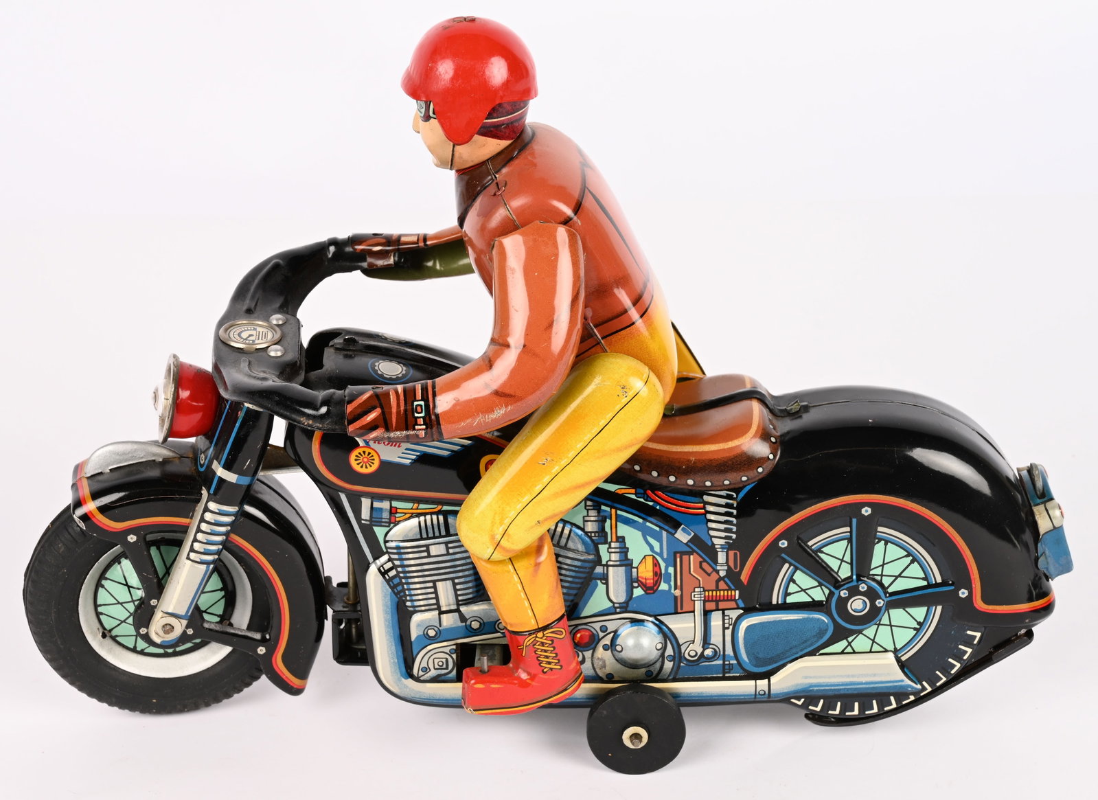 JAPAN BATTERY OP ATOM MOTORCYCLE: Japan battery operated Atom Motorcycle. Large impressive bike. Did not work when tested. Displays well. 11" Excellent