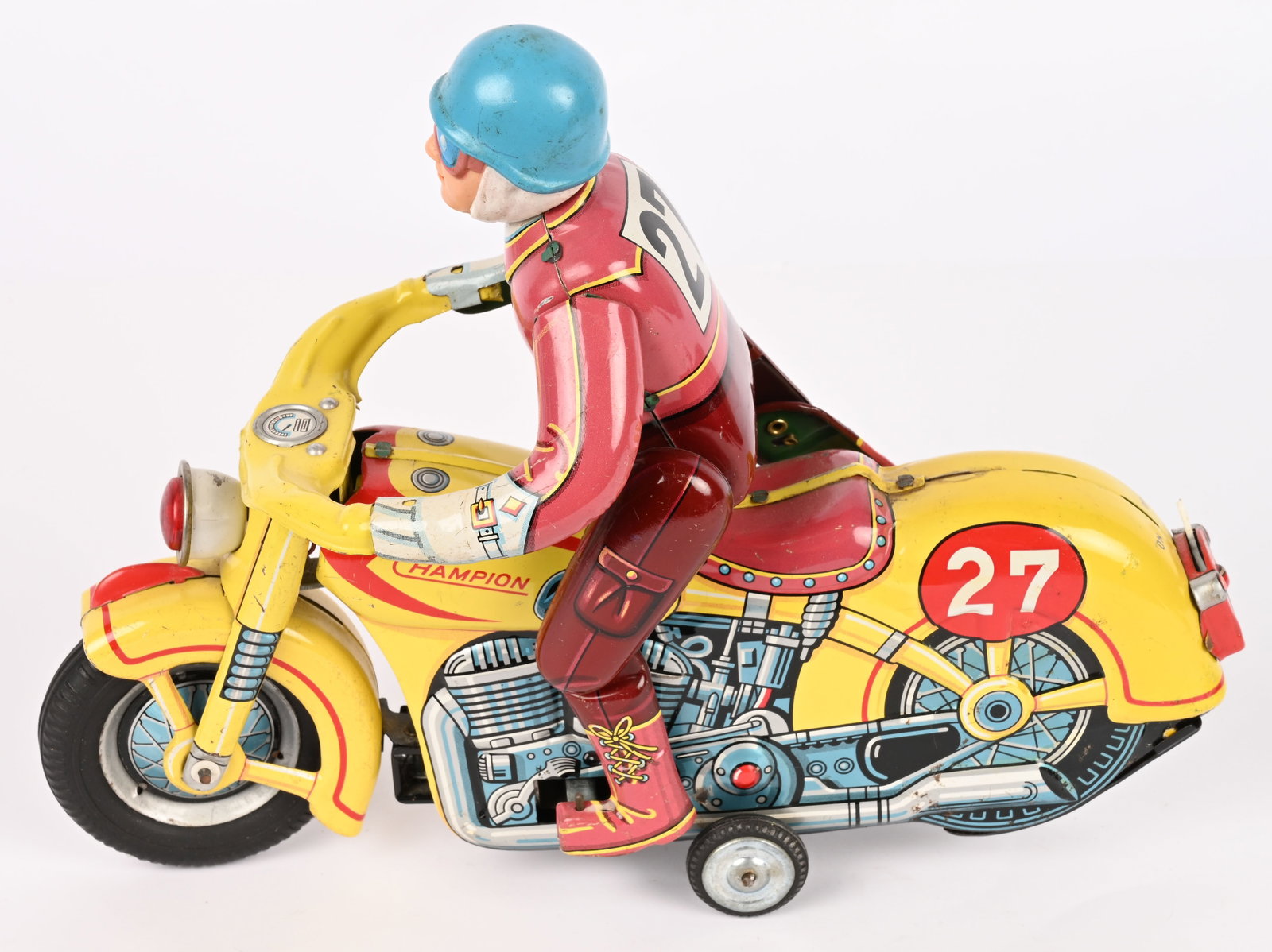 JAPAN BATTERY OP #27 CHAMPION RACING MOTORCYCLE: Japan battery operated #27 Champion Racing Motorcycle. Large impressive toy. Worked when tested. 12" Excellent