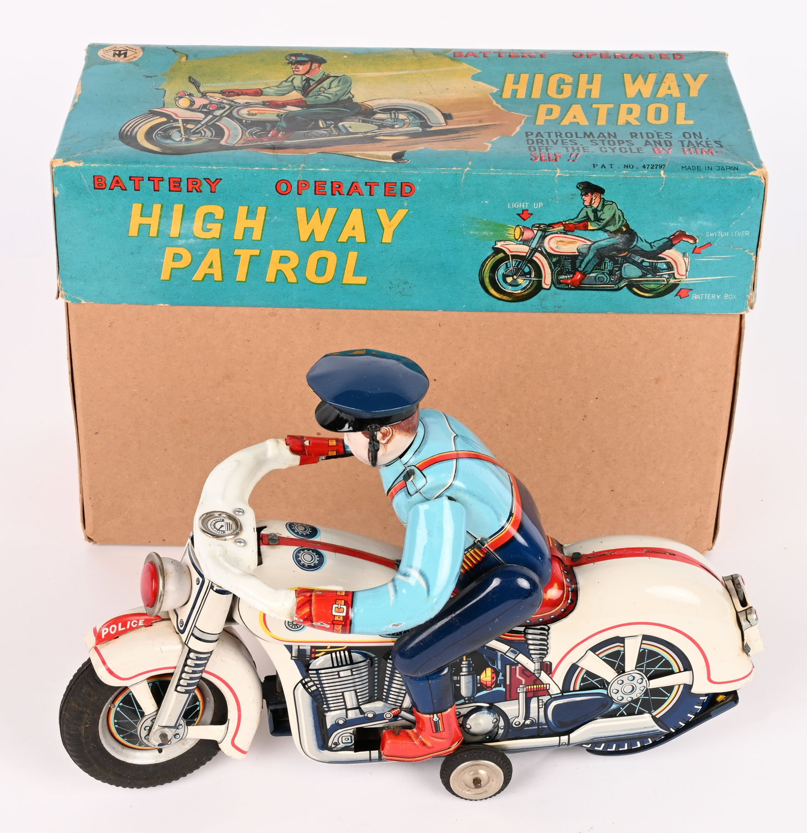 JAPAN BATTERY OP HIGHWAY PATROL MOTORCYCLE w/ BOX: Japan battery operated Highway Patrol Motorcycle. All original in great condition. Large impressive toy. Worked when tested. Boxed 12" Excellent