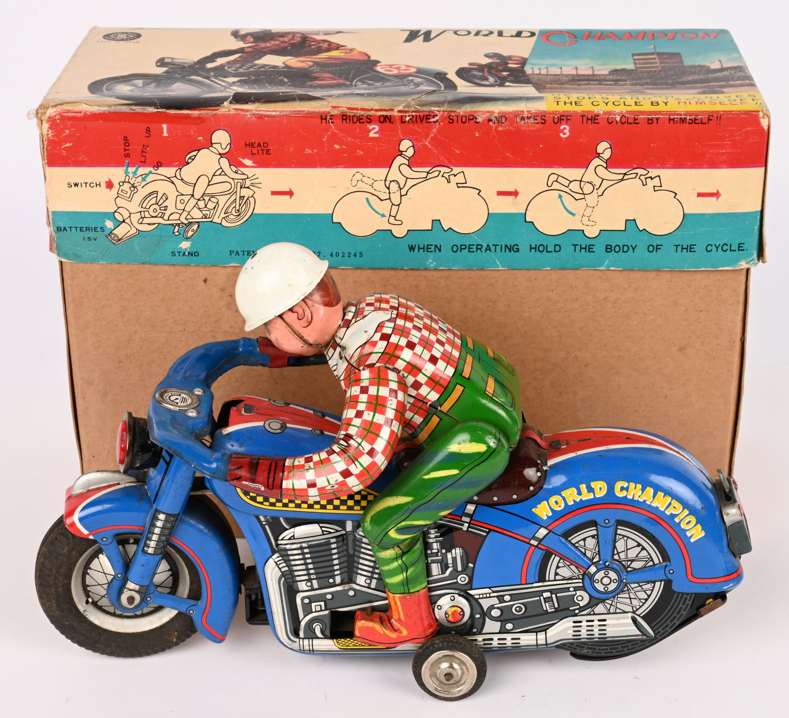 JAPAN BATTERY OP WORLD CHAMPION MOTORCYCLE w/ BOX (1 of 13)