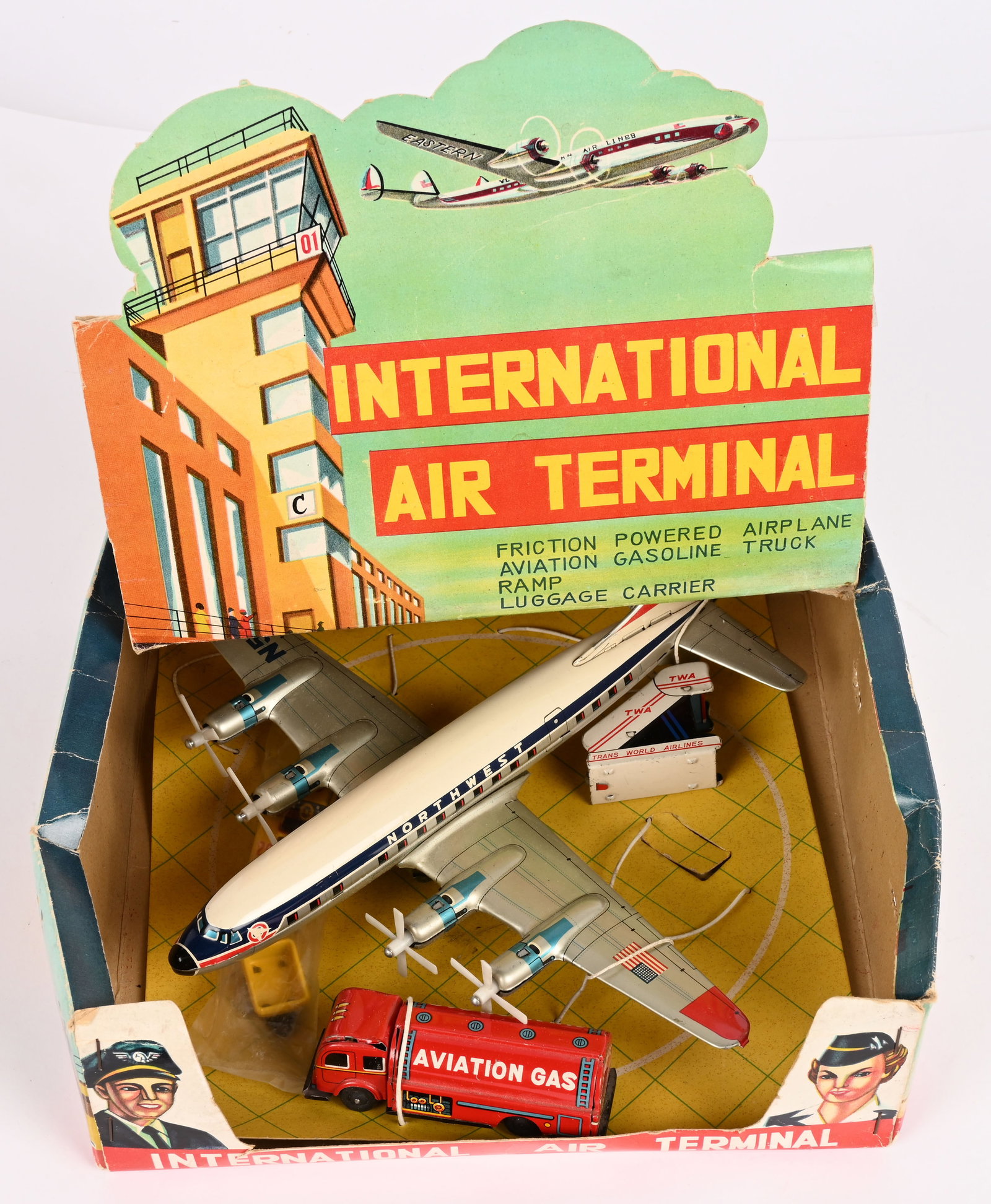 JAPAN FRICTION INTERNATIONAL AIR TERMINAL w/ BOX: Japan tin friction International Air Terminal. All original and never played with condition. Complete with Northwest Airliner, Stairs, Aviation Fuel Truck, and Baggage Truck. Boxed 9" Excellent