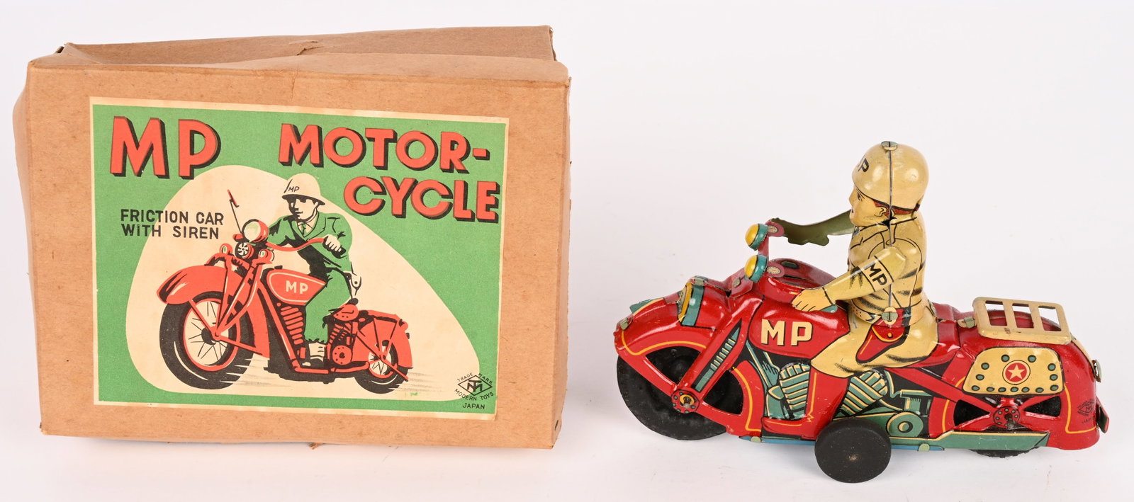 JAPAN TIN FRICTION MP MOTORCYCLE w/ BOX: Japan tin friction MP Motorcycle. All original in great condition with nice colors. Friction works. With Box. 7" Excellent