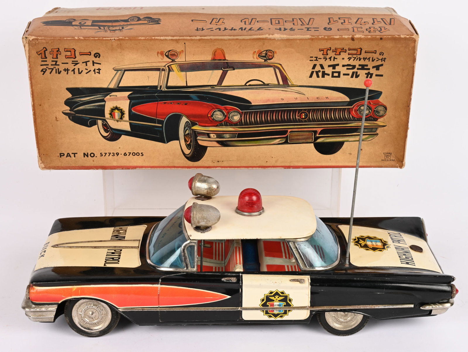 ICHIKO FRICTION BUICK HIGHWAY PATROL CAR w/ BOX: 17" Japan tin friction Buick Highway Patrol Car. Large impressive car. All original condition. Friction works. Has some every minor wear. Comes with Japanese Box. 17" Excellent