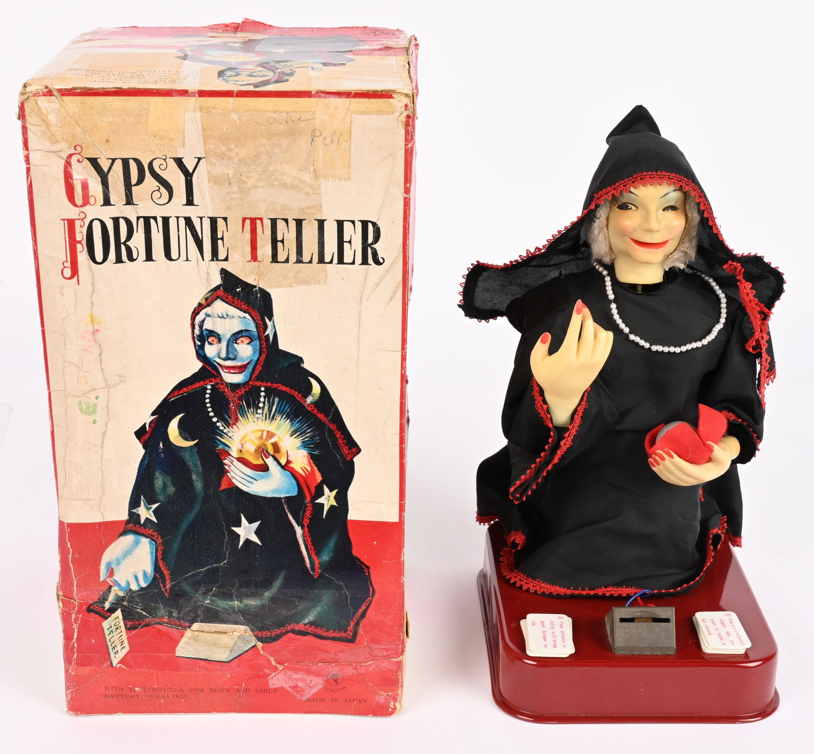 JAPAN BATTERY OP GYPSY FORTUNE TELLER w/ BOX: Japan battery operated Gypsy Fortune Teller. All original and complete. Very clean condition. Comes with Fortune cards. Worked when tested. With Box with some repairs. 12" Excellent