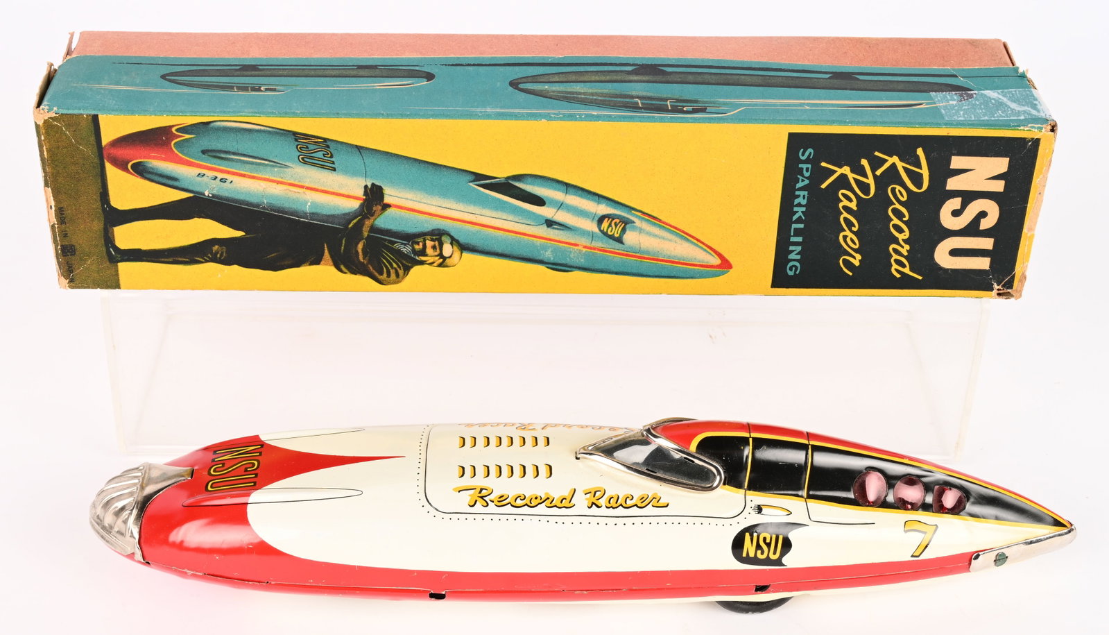 BANDAI TIN FRICTION NSU RECORD RACER w/ BOX: Japan tin friction NSU Record Racer. Great looking Land Speed Race Car. All original and looks never played with condition. Friction works. Comes with crisp Box. 13" Excellent