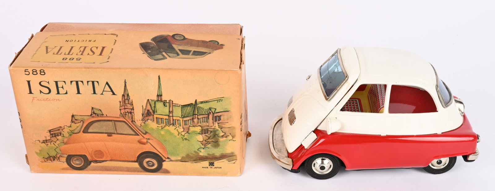 BANDAI TIN FRICTION ISETTA w/ BOX: Japan tin friction Isetta. All original in great shape. Friction works. Boxed 7" Excellent