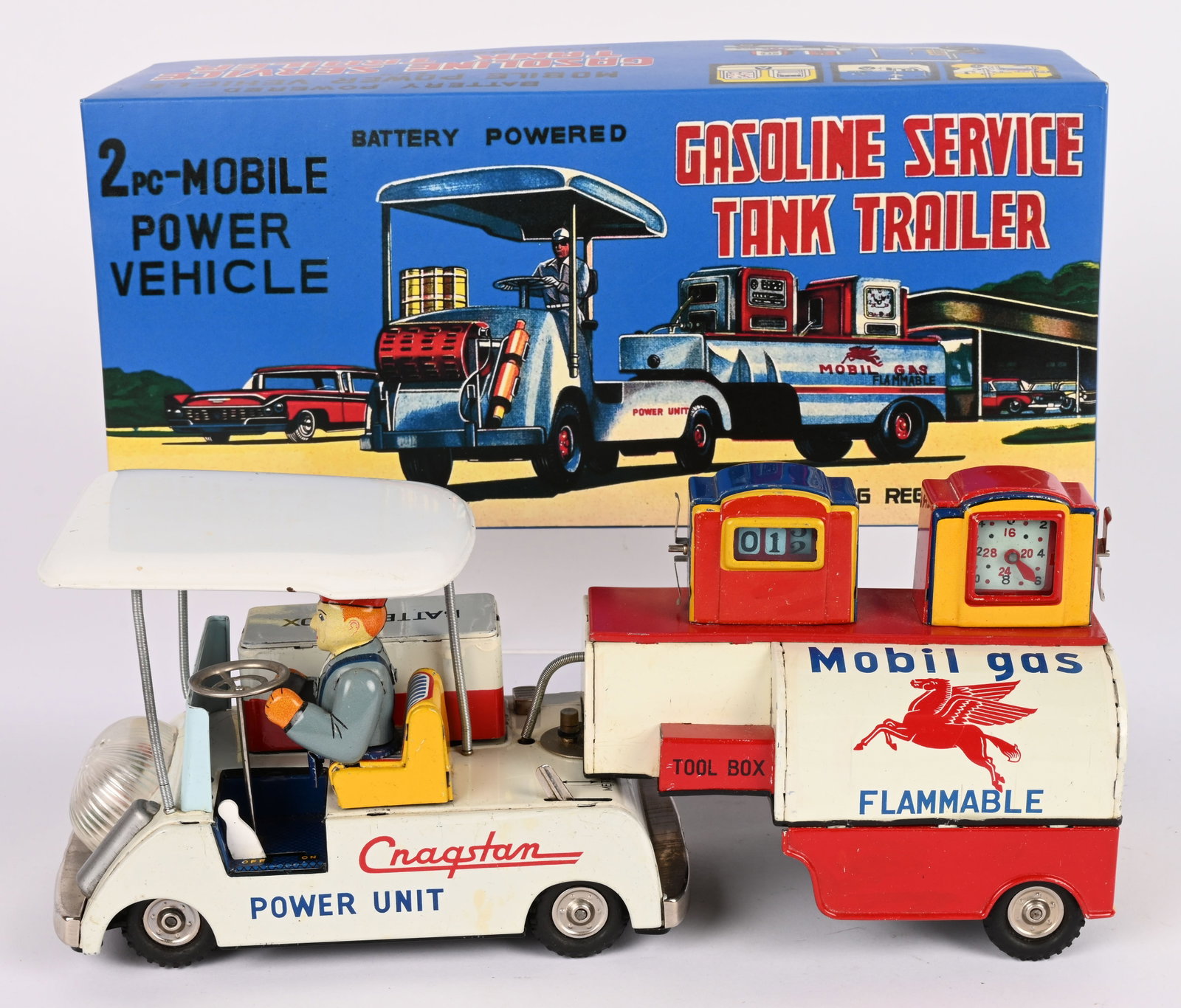 CRAGSTAN BATTERY OP MOBIL GAS DELIVERY UNIT: Japan battery operated Mobil Gas Delivery Unit. Unusual toy that all original and complete. Did not work when tested. Comes with reproduction Box. 11" Excellent