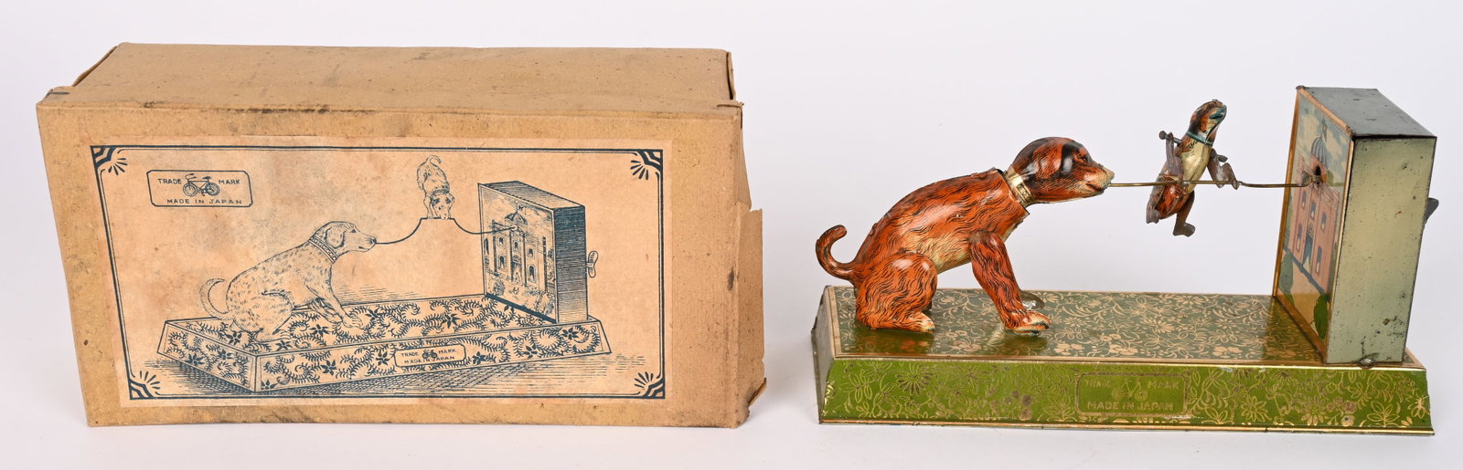 PREWAR JAPAN TIN WINDUP DOG & PUPPY w/ BOX (1 of 16)