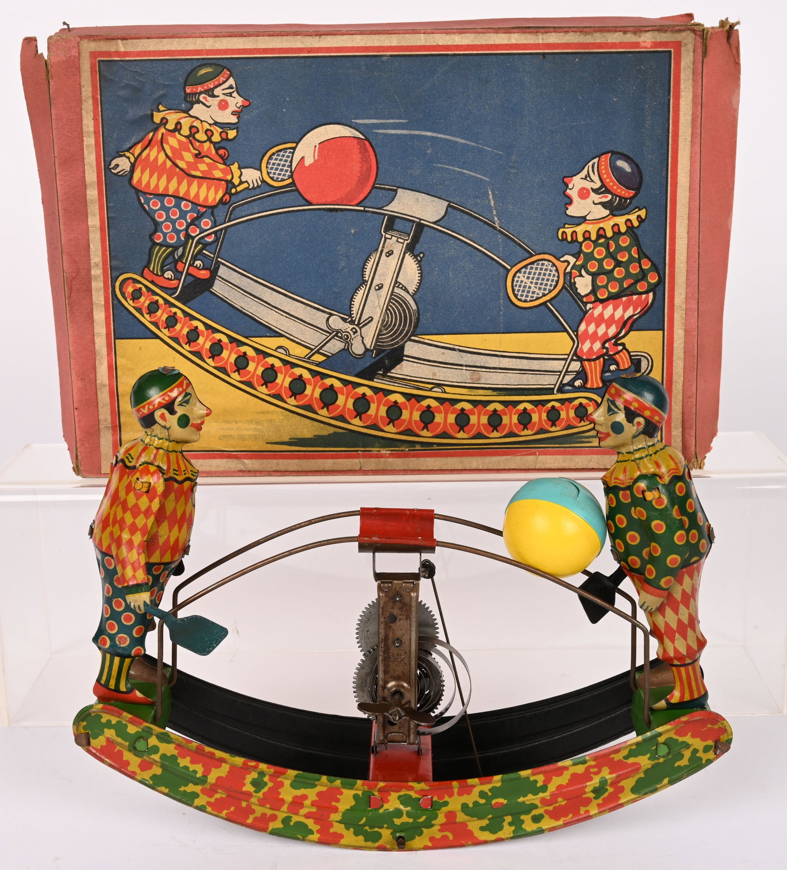 PREWAR JAPAN TIN WINDUP CLOWN PING PONG w/ BOX (1 of 11)