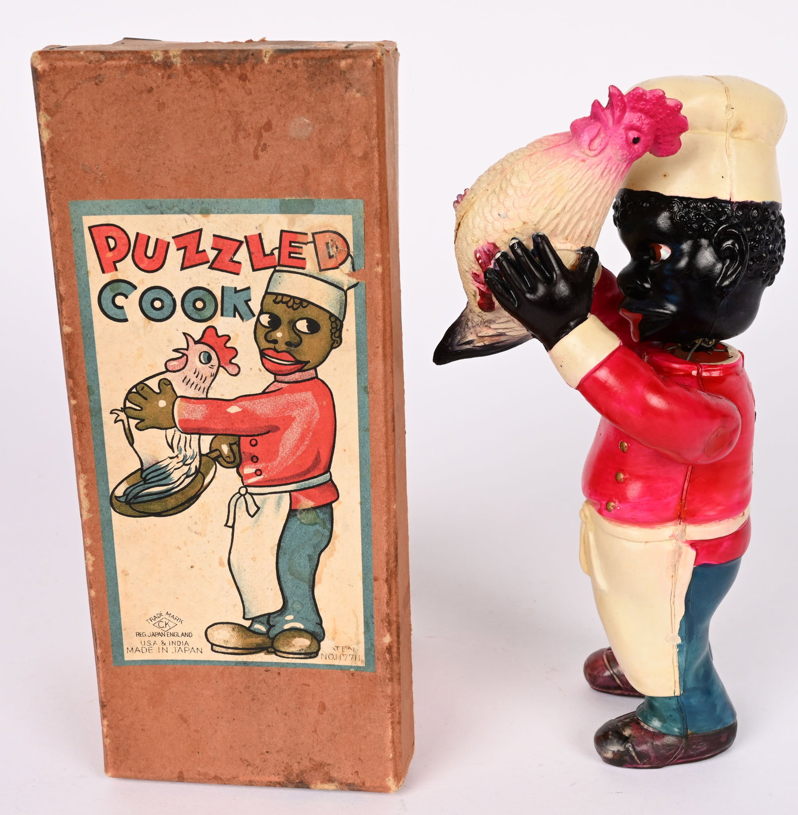 PREWAR JAPAN CELLULOID WINDUP PUZZLED COOK w/ BOX: Prewar Japan celluloid windup Puzzled Cook. Great looking black cook with chicken. Great colors and looks never played with condition. Windup works. Boxed 8" Excellent