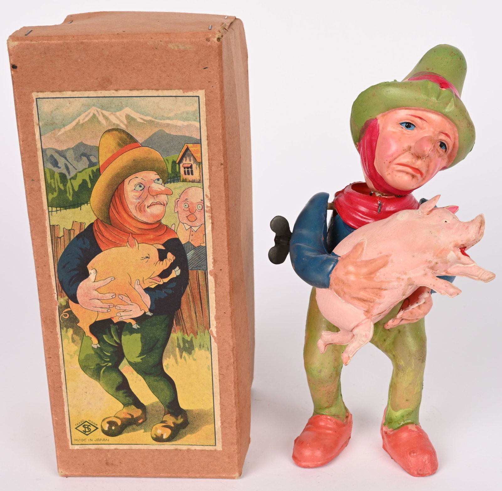 PREWAR JAPAN CELLULOID WINDUP FARMER & PIG w/ BOX (1 of 10)