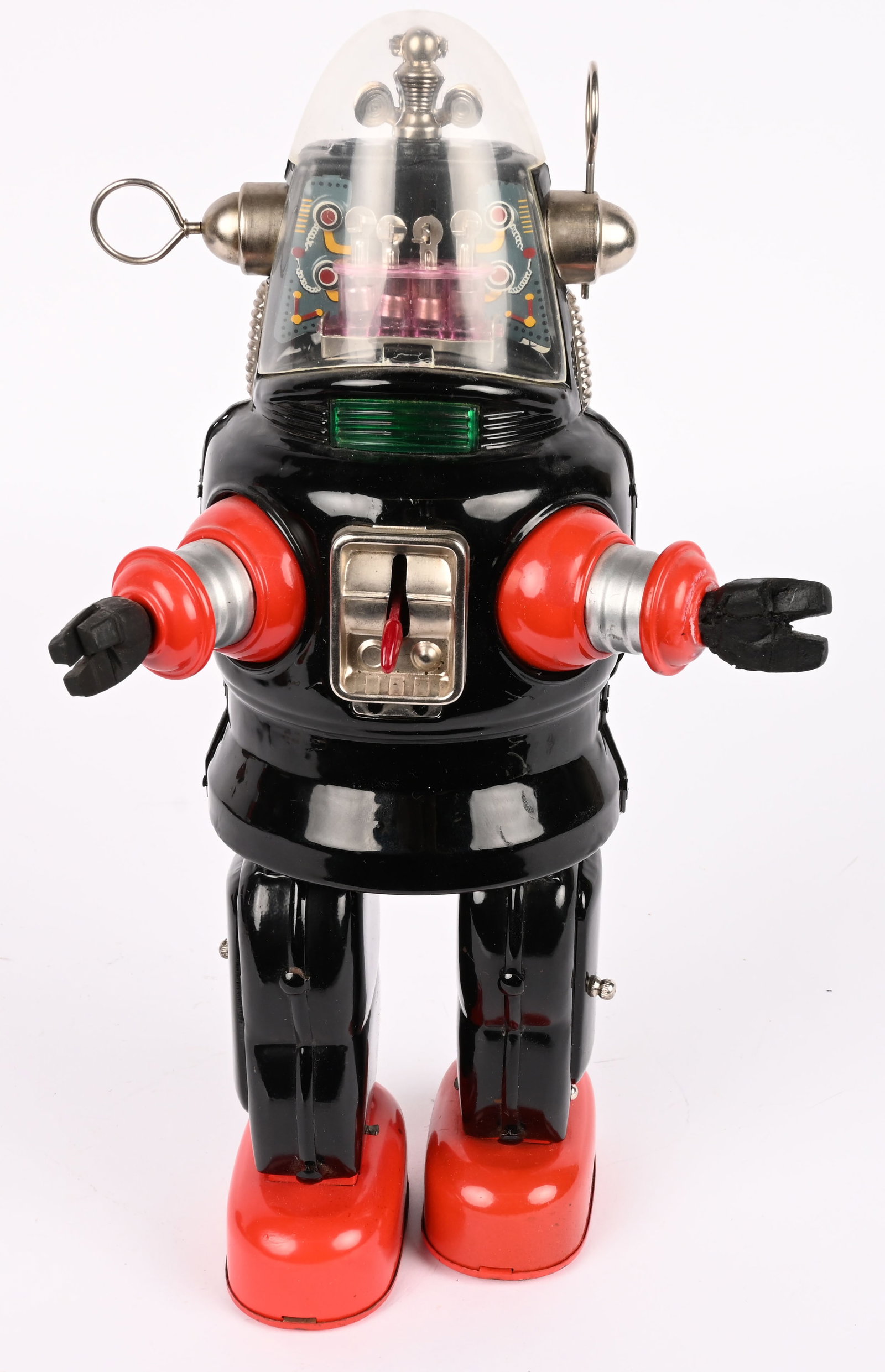 SHOWA BATTERY OP MECHANIZED ROBOT "ROBBY": Japan battery operated Mechanized Robot "aka Robby" made in Japan. All original and complete. Very clean condition. Worked when tested. 13" Excellent