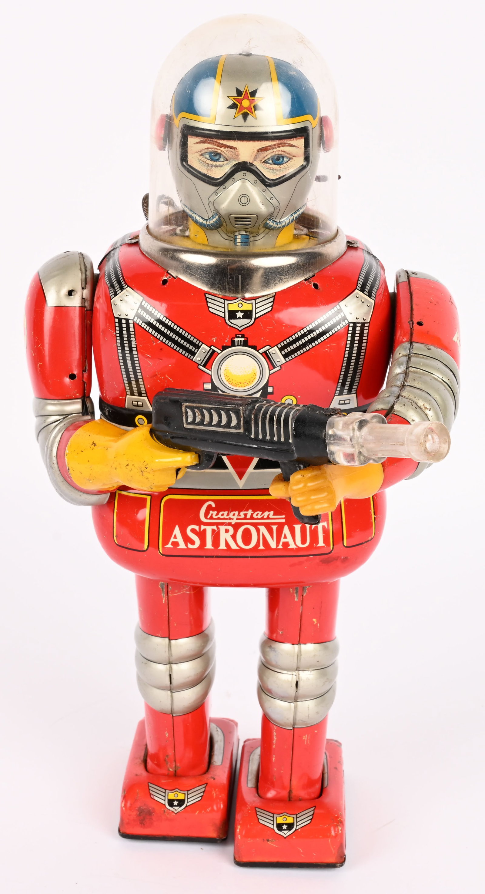 DAIYA BATTERY OP CRAGSTAN ASTRONAUT: Japan battery operated Cragstan Astronaut. All original with some wear. Worked when tested. Still displays well. Large and impressive Robot. 14" Very Good-Excellent
